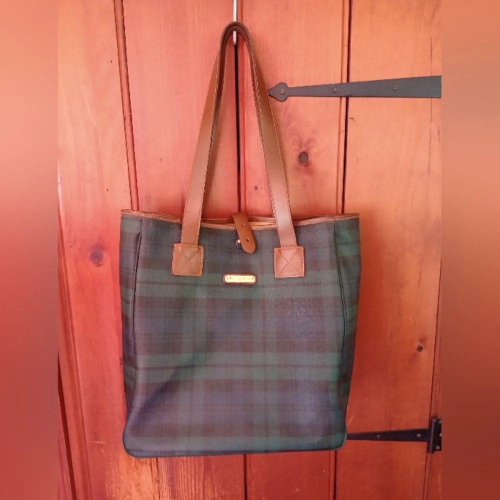 Vintage Green Plaid Tote Bag with Brown Leather Handles Polo Ralph Lauren - Picture 1 of 13